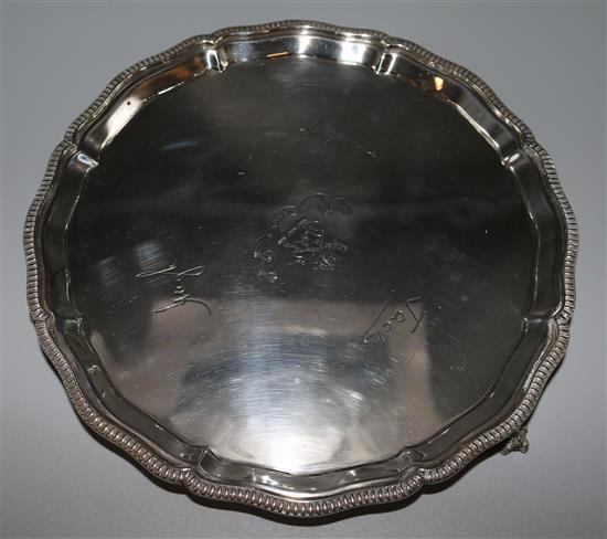 George V silver circular salver, crested and inscribed, Sheffield 1930, Mappin & Webb